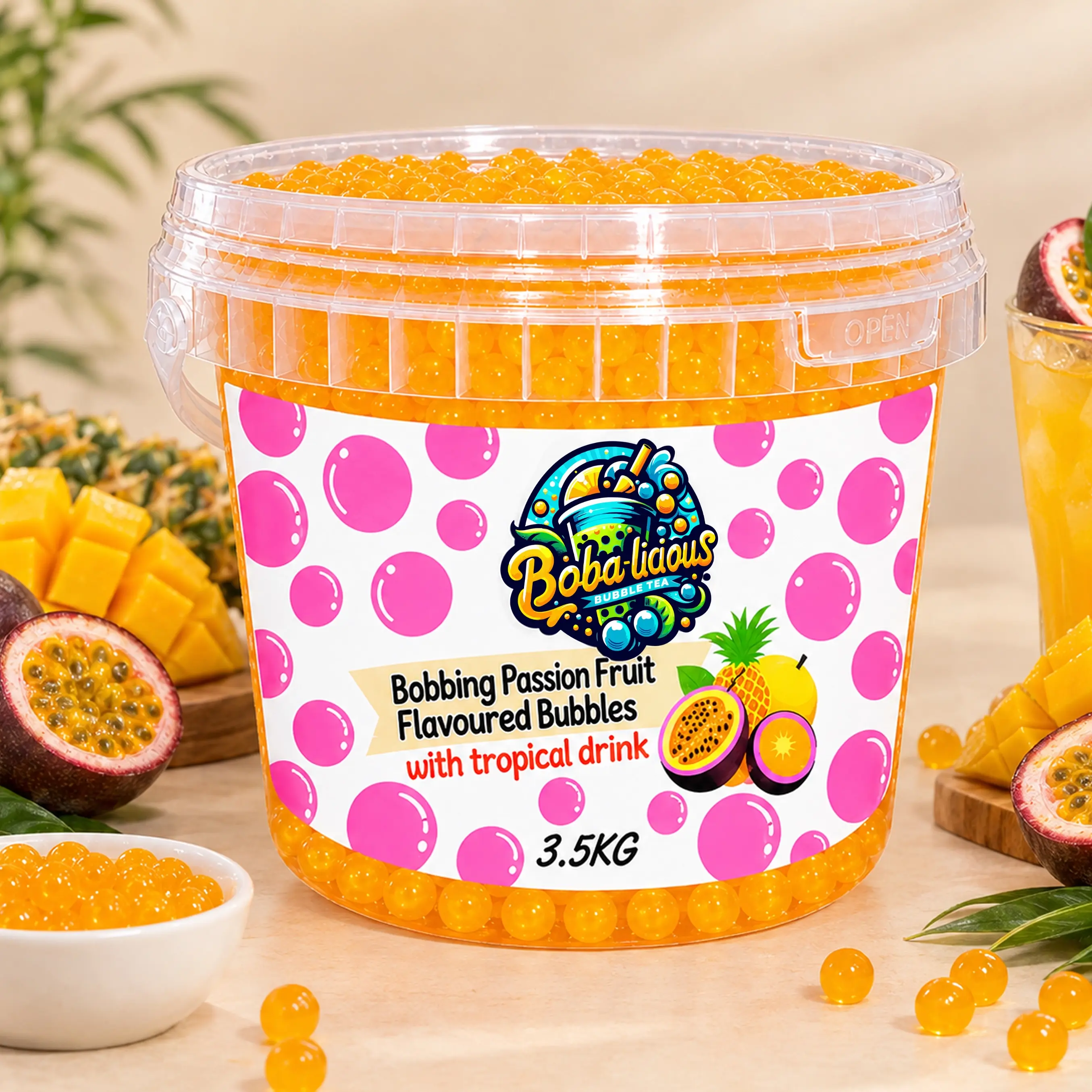 BUBBLE TEA Boba-licious 3.5 kg passion fruit-flavoured popping boba bucket with tropical drink and tropical fruits.
